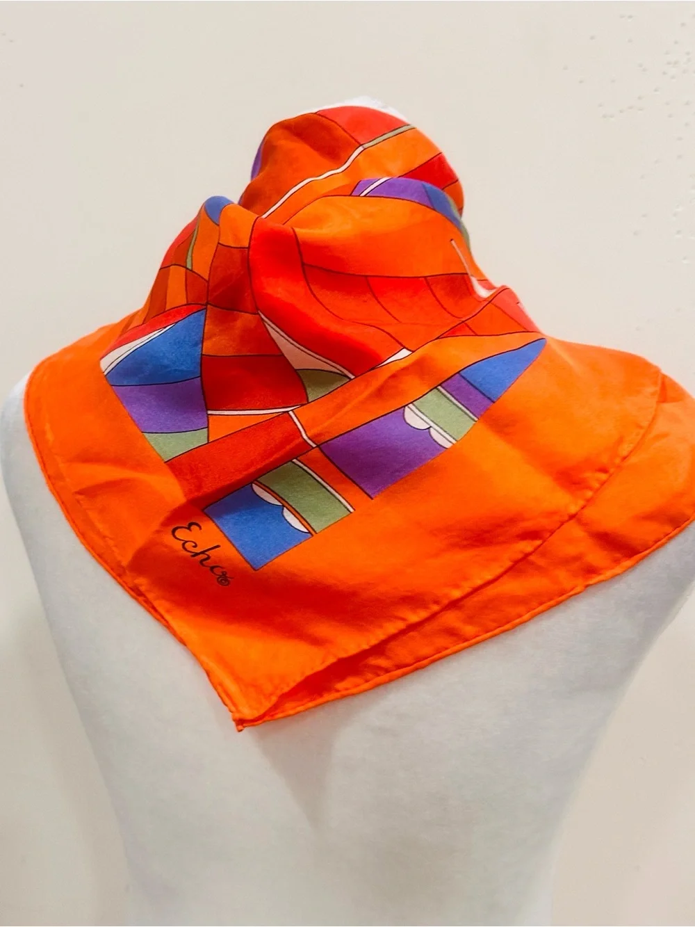 Vintage Echo Silk Scarf Orange Geometric Abstract Square Neck Head Wrap 23x23”